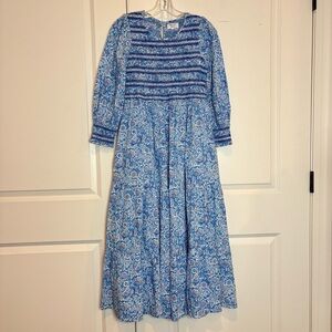 Pink City Prints Isabel Sky Blue Floral Smocked Long Sleeve Maxi Dress XS
